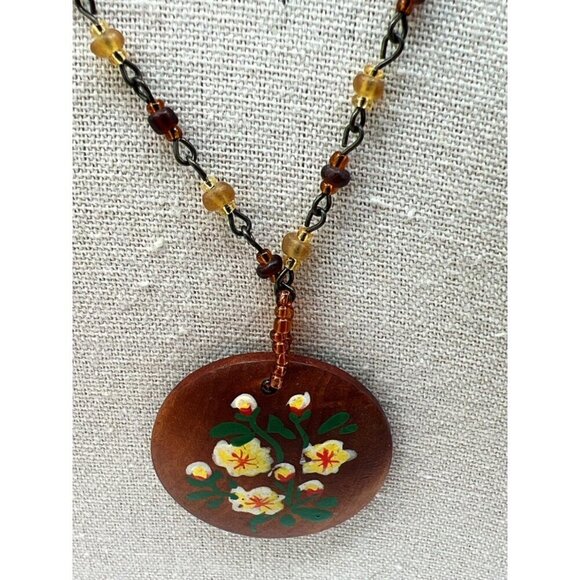 Vintage Hand-Painted Floral Pendant Necklace With Beaded Chain. B44 - Picture 8 of 13